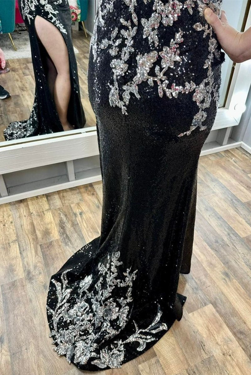 Charleigh | Black Sequin Appliques Spaghetti Strap Long Prom Dress with Slit - KissProm