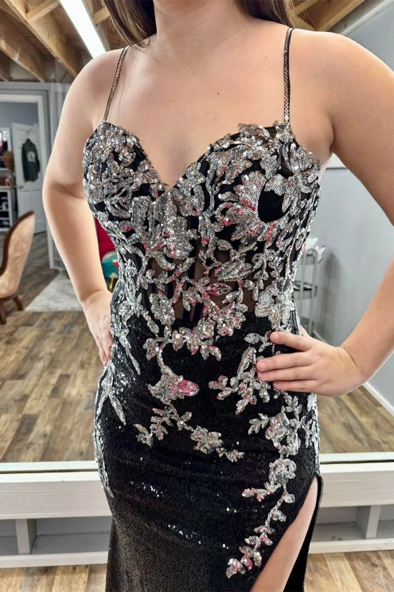 Charleigh | Black Sequin Appliques Spaghetti Strap Long Prom Dress with Slit - KissProm