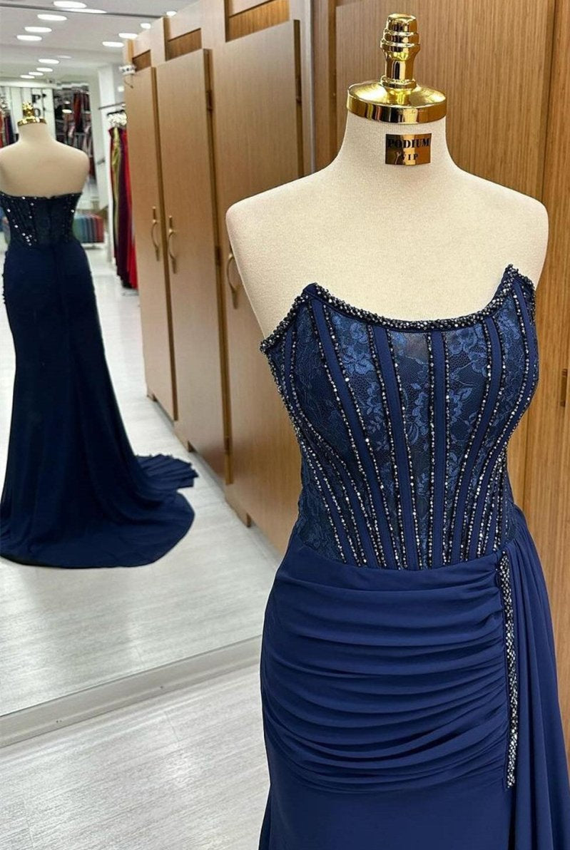 Maliyah | Navy Lace Beaded Strapless Long Formal Dress with Attached Train - KissProm