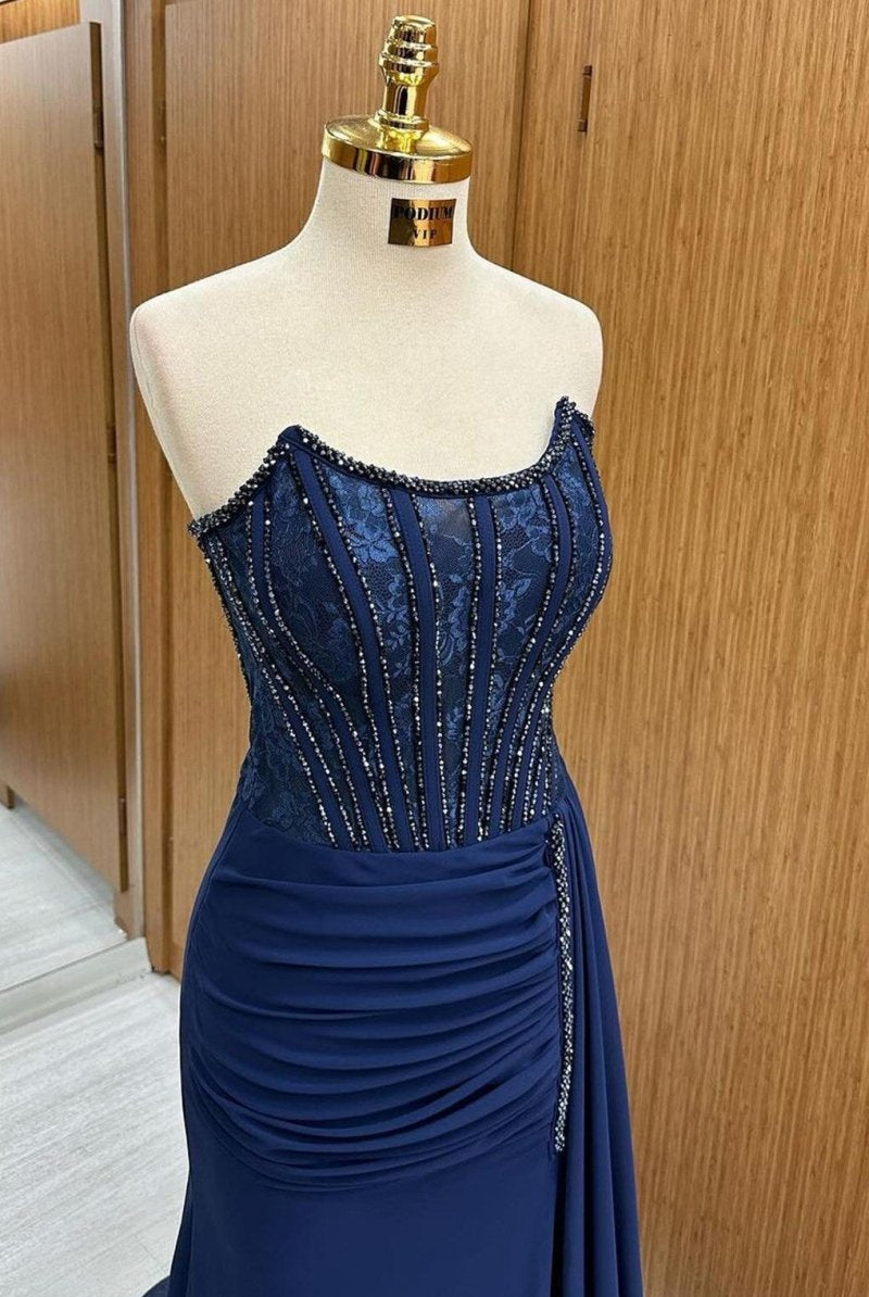 Maliyah | Navy Lace Beaded Strapless Long Formal Dress with Attached Train - KissProm