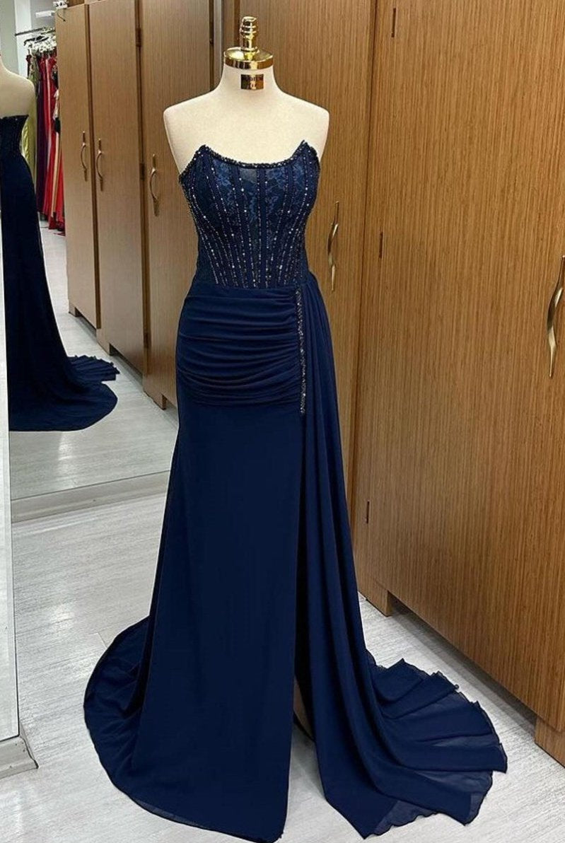 Maliyah | Navy Lace Beaded Strapless Long Formal Dress with Attached Train - KissProm