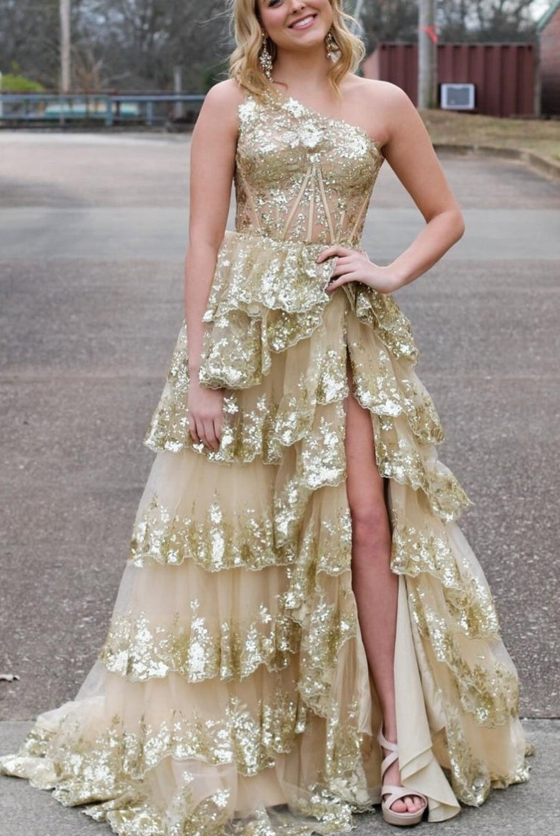 KissProm-Livia Gold Sheath One Shoulder Tiered Lace Long Prom Dress