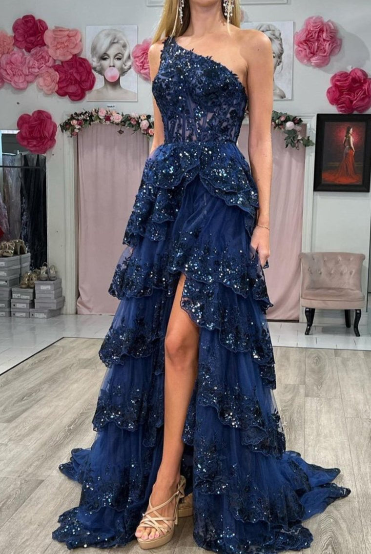 KissProm-Livia Navy Blue Sheath One Shoulder Tiered Lace Long Prom Dress