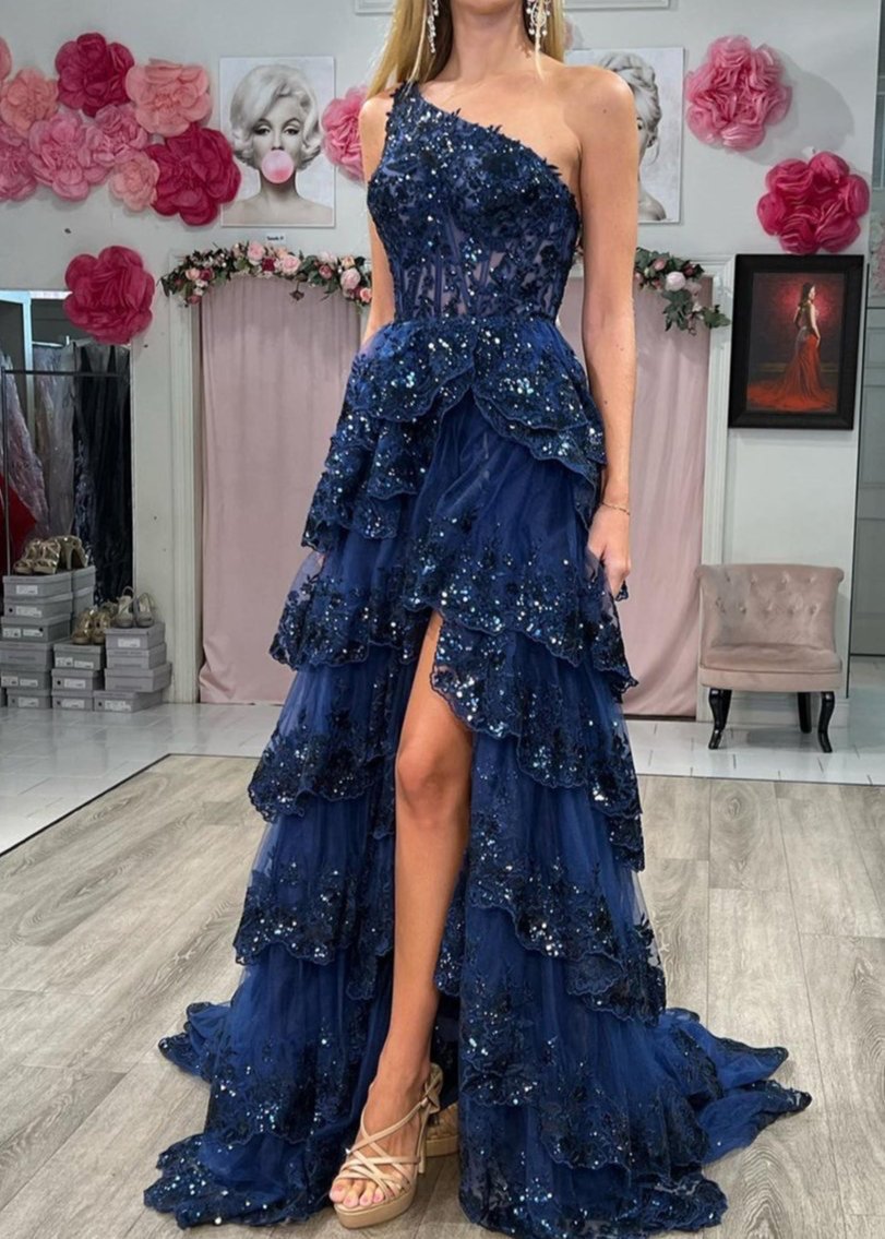 KissProm-Livia Navy Blue Sheath One Shoulder Tiered Lace Long Prom Dress