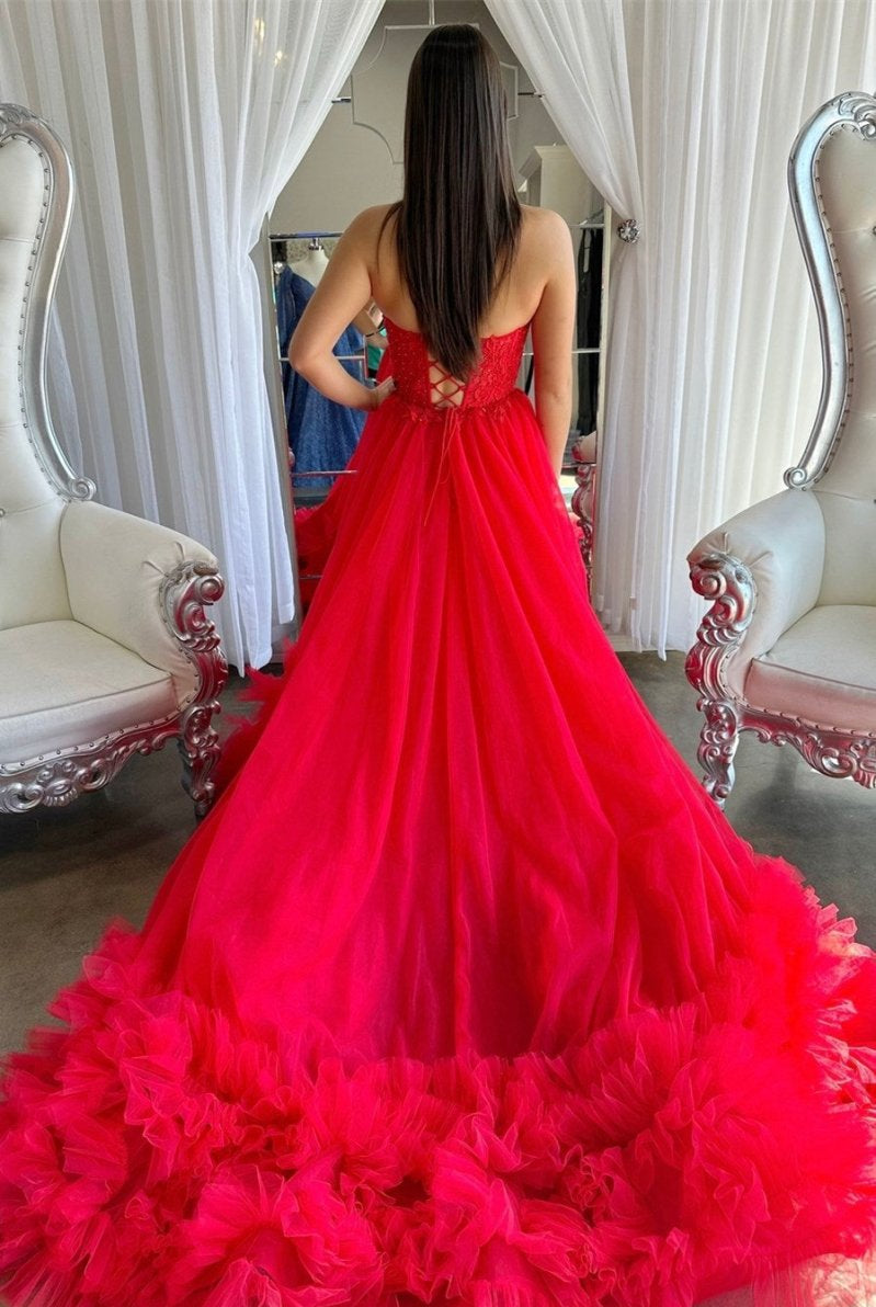Romy | Red Tulle Appliques Sweetheart Ruffle Long Prom Dress