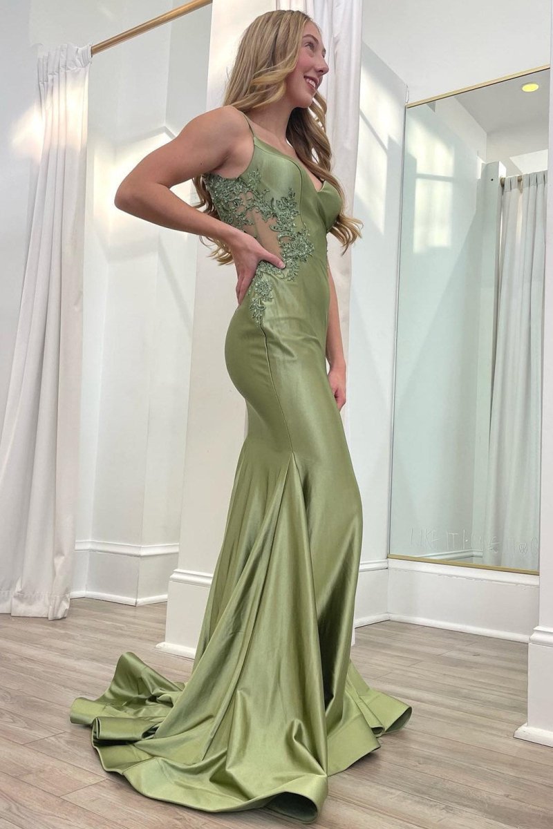 Sage Green Spaghetti Strap Backless Trumpet Long Gown - KissProm