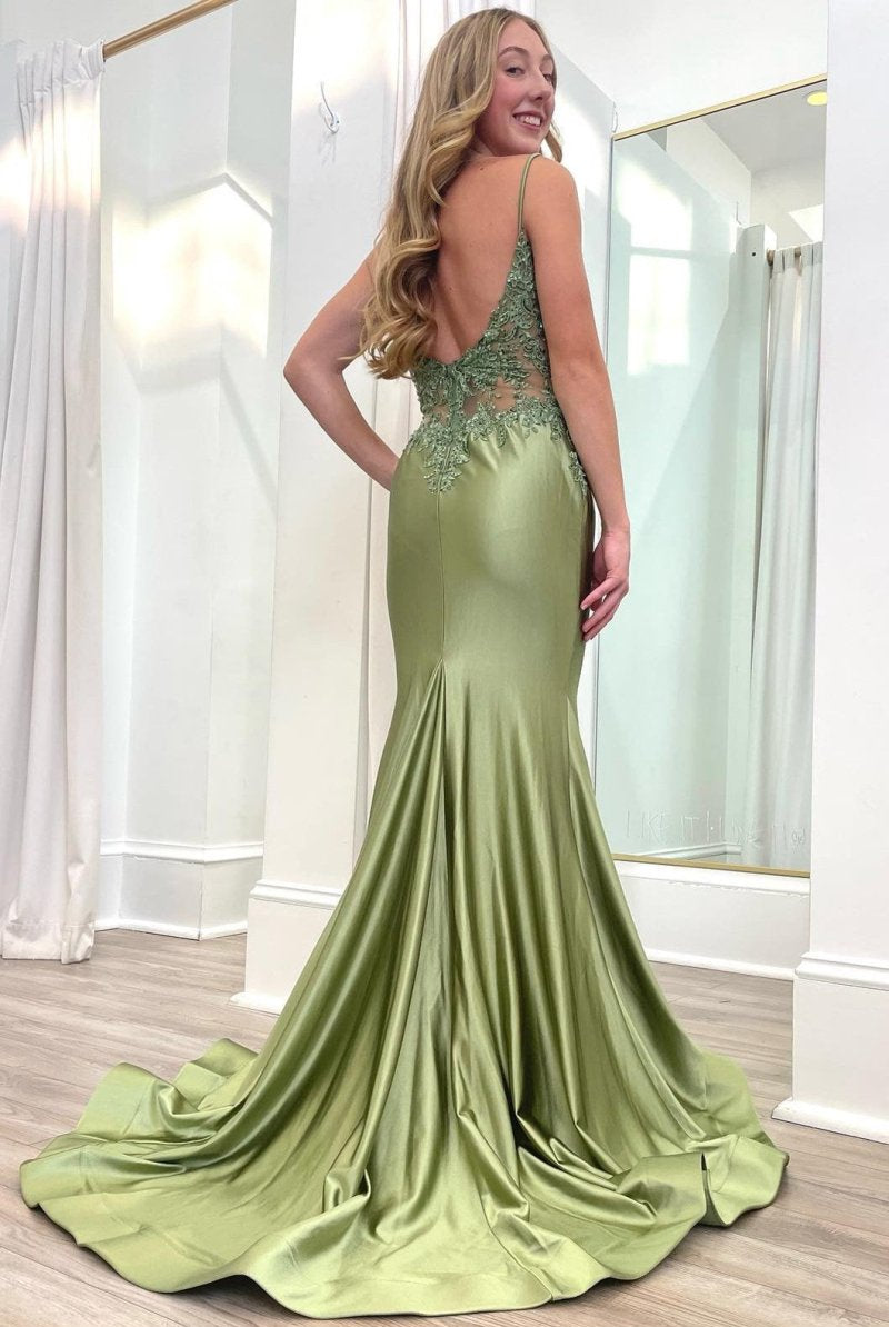 Sage Green Spaghetti Strap Backless Trumpet Long Gown - KissProm