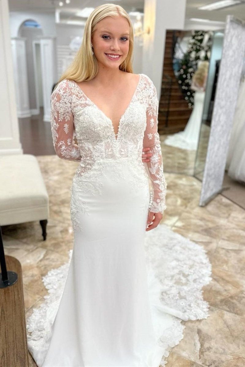 Maeve | White Appliques Plunge V Mermaid Bridal Gown with Long Sleeves