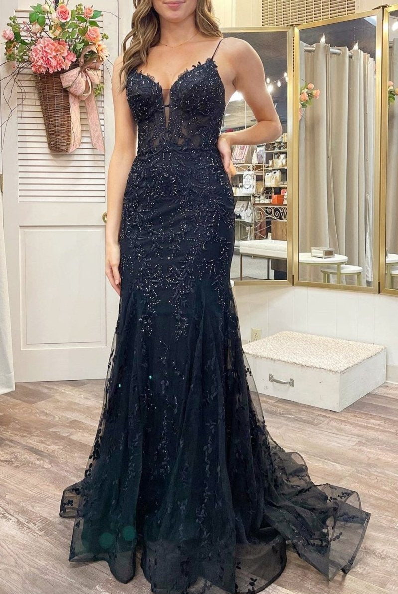 Black Appliques Plunge V Lace - Up Trumpet Prom Gown - KissProm