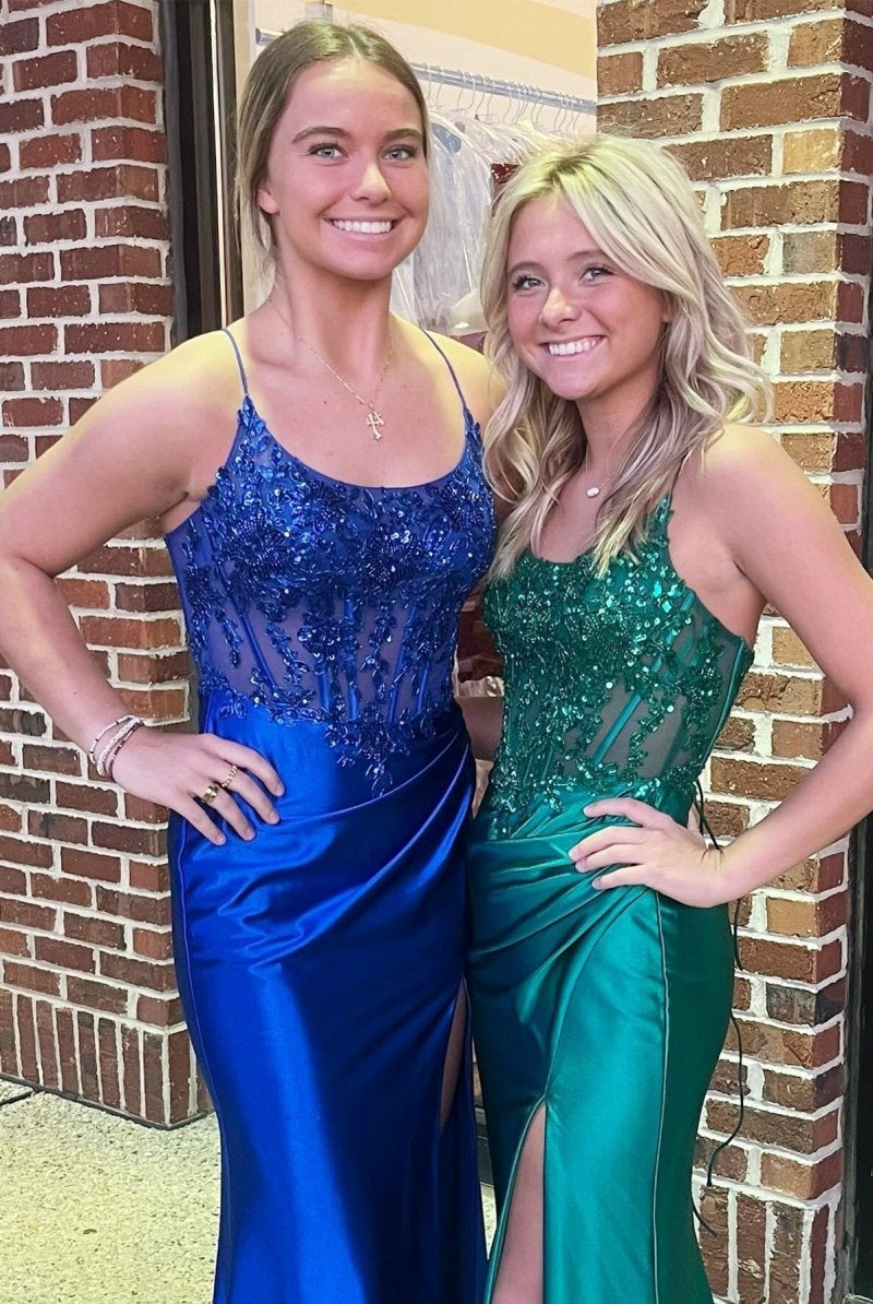 Royal Blue Appliques Scoop Neck Mermaid Long Formal Dress