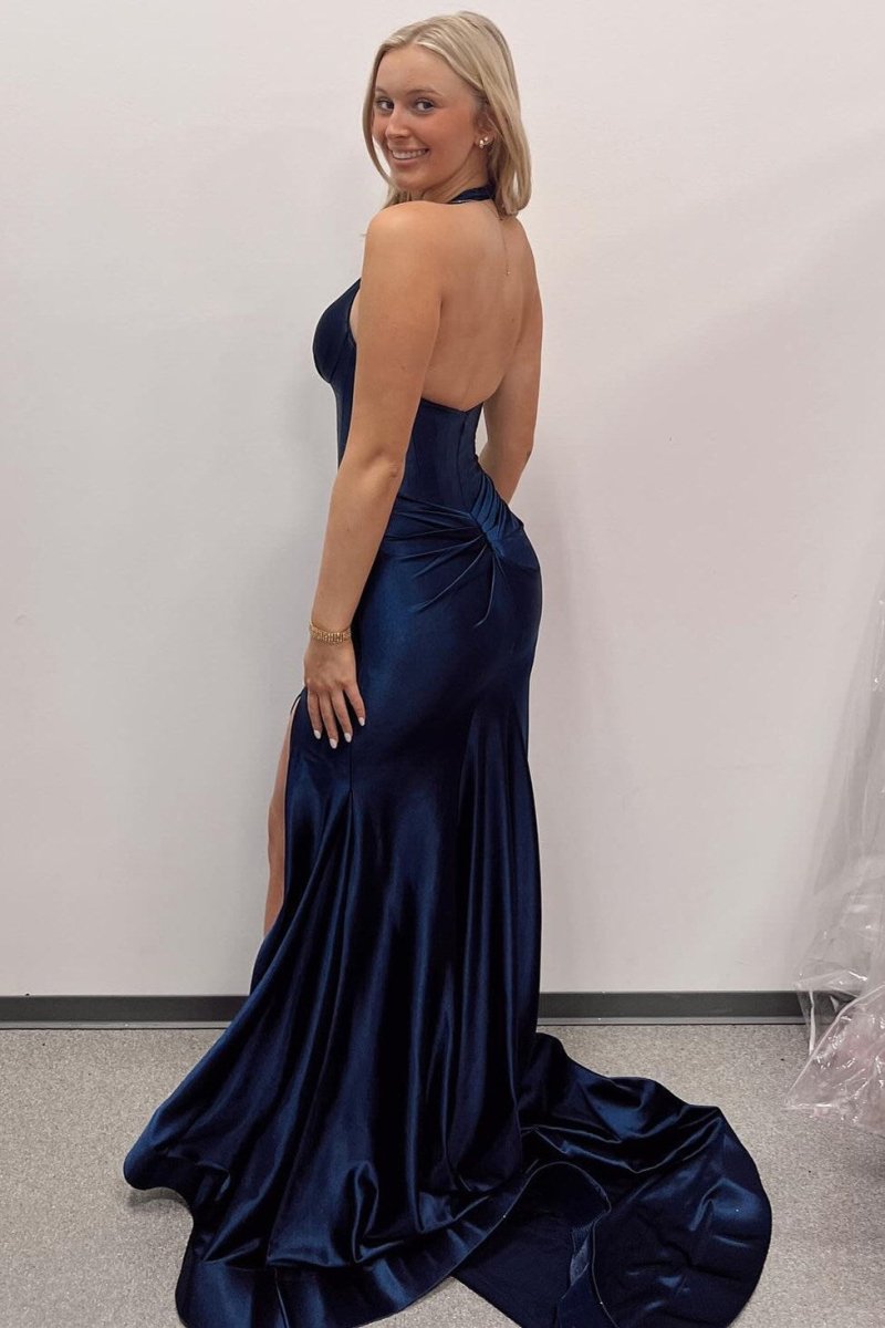Josie | Navy Halter Corset Mermaid Plunging Deep V-neck Ruched Long Formal Dress with Slit