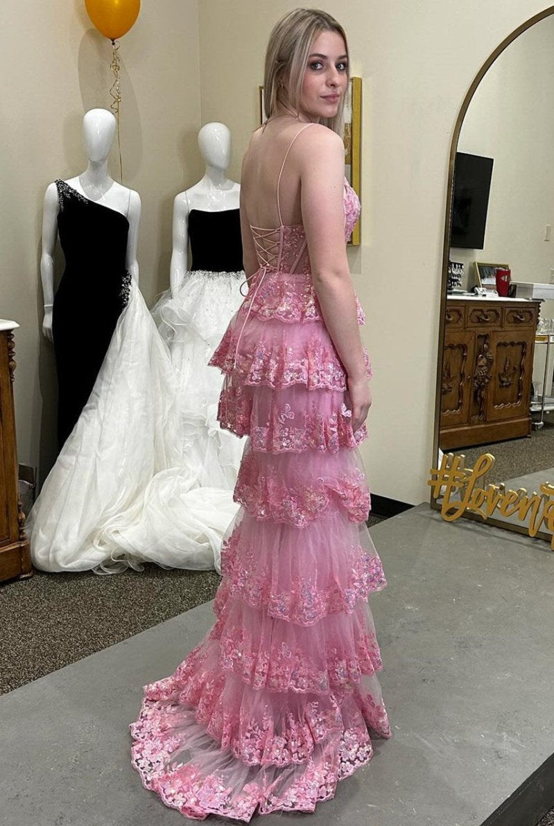 Pink Glitter Appliques Lace - Up Ruffle Tiered Long Dress with Slit - KissProm