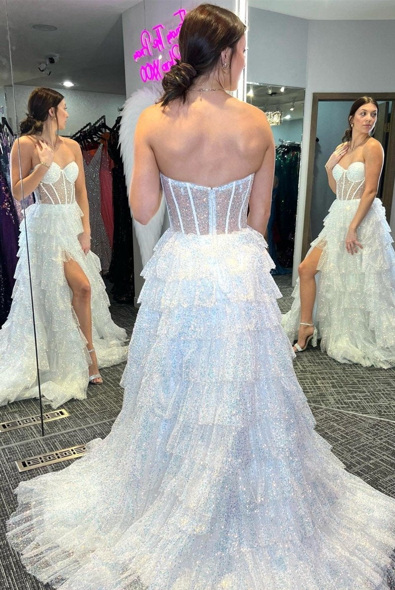 Eleanor | Glitter Tulle Corset Ruffle Tiered Long Prom Dress with Slit - KissProm