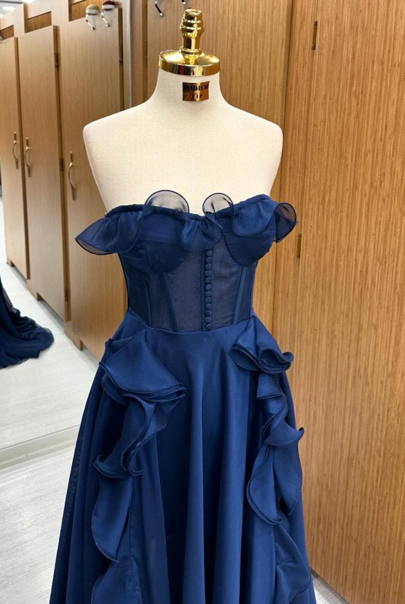 A Line Navy Blue Corset Ruffle Maxi Prom Dress - KissProm