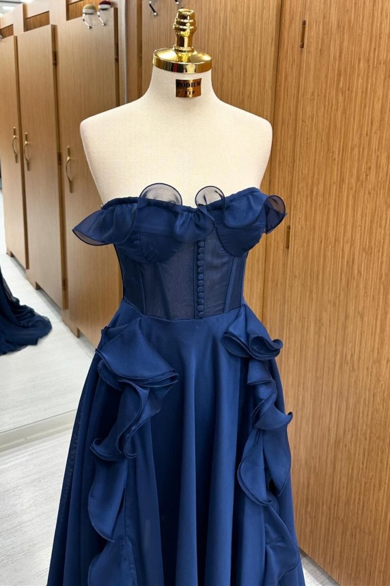 A Line Navy Blue Corset Ruffle Maxi Prom Dress - KissProm