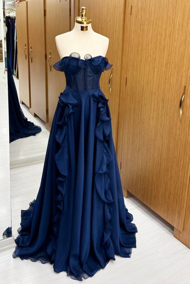 A Line Navy Blue Corset Ruffle Maxi Prom Dress - KissProm