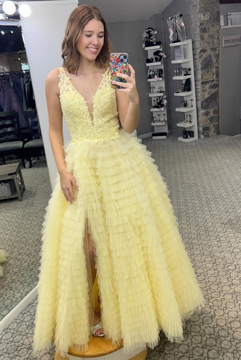 Yellow Plunge V Ruffle Tiered Long Prom Dress with Slit - KissProm