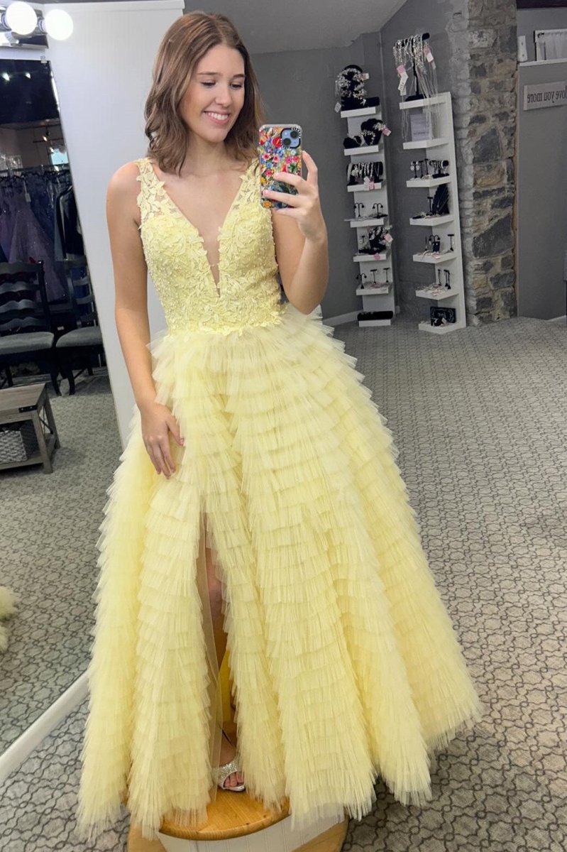 Yellow Plunge V Ruffle Tiered Long Prom Dress with Slit - KissProm