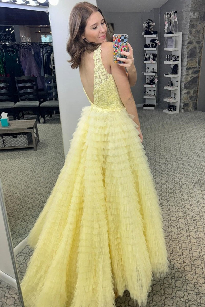 Yellow Plunge V Ruffle Tiered Long Prom Dress with Slit - KissProm