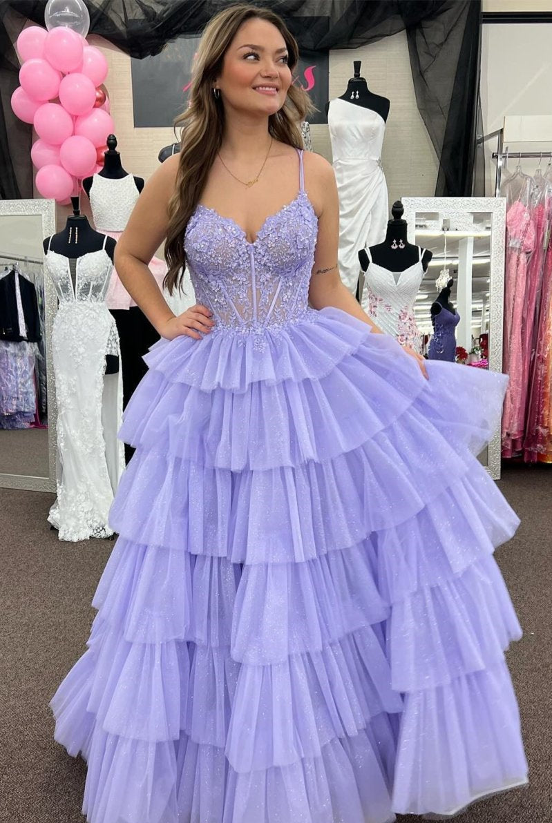 Tiered Ruffle Appliques Corset Long Prom Dress with Spaghetti Straps