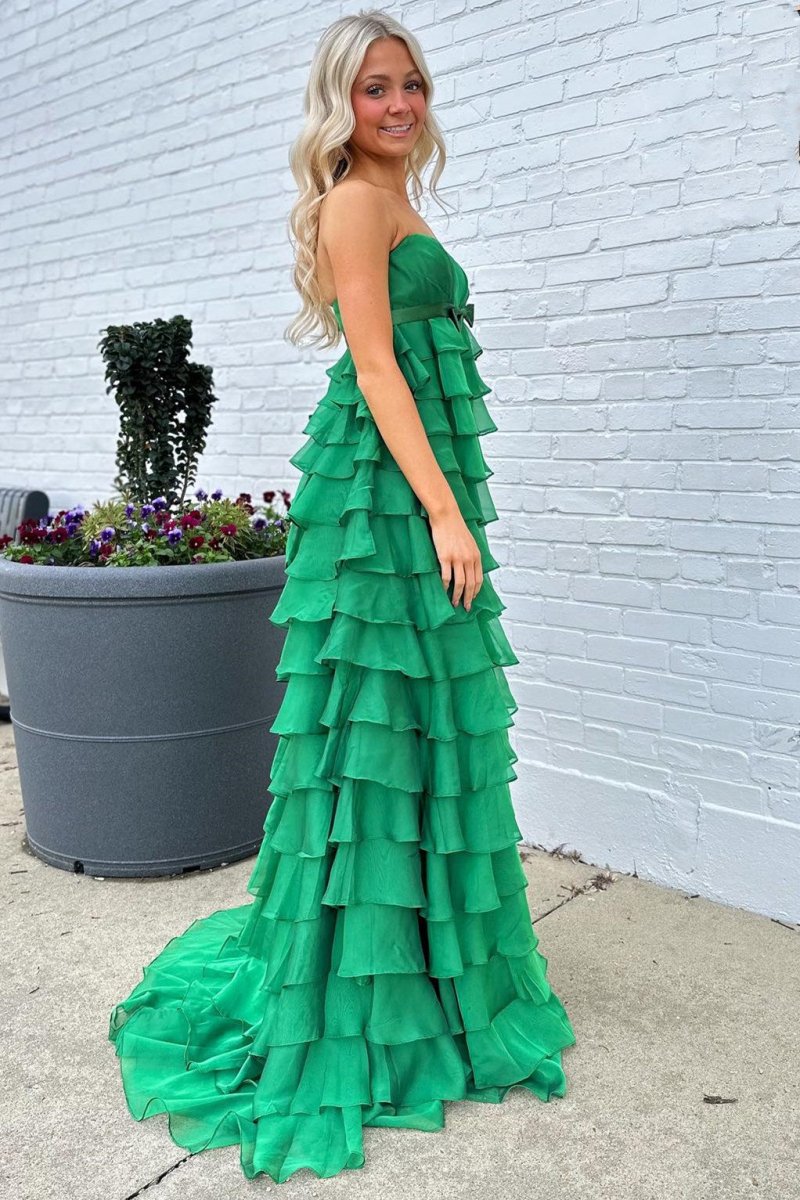Strapless High - Waist Ruffle Tiered Long Prom Dress with Bow - KissProm