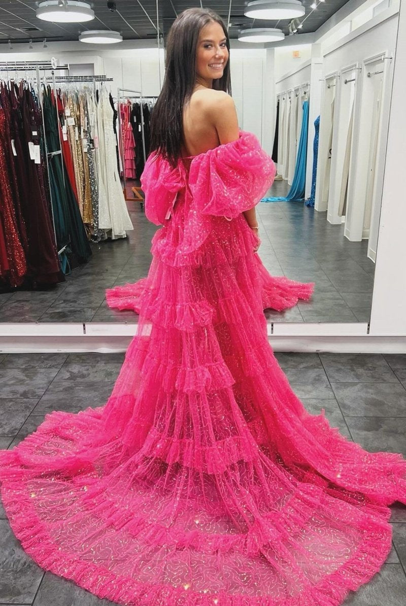 Two-Piece Puff Sleeve Ruffle Glitter Tulle Prom Dress with Slit