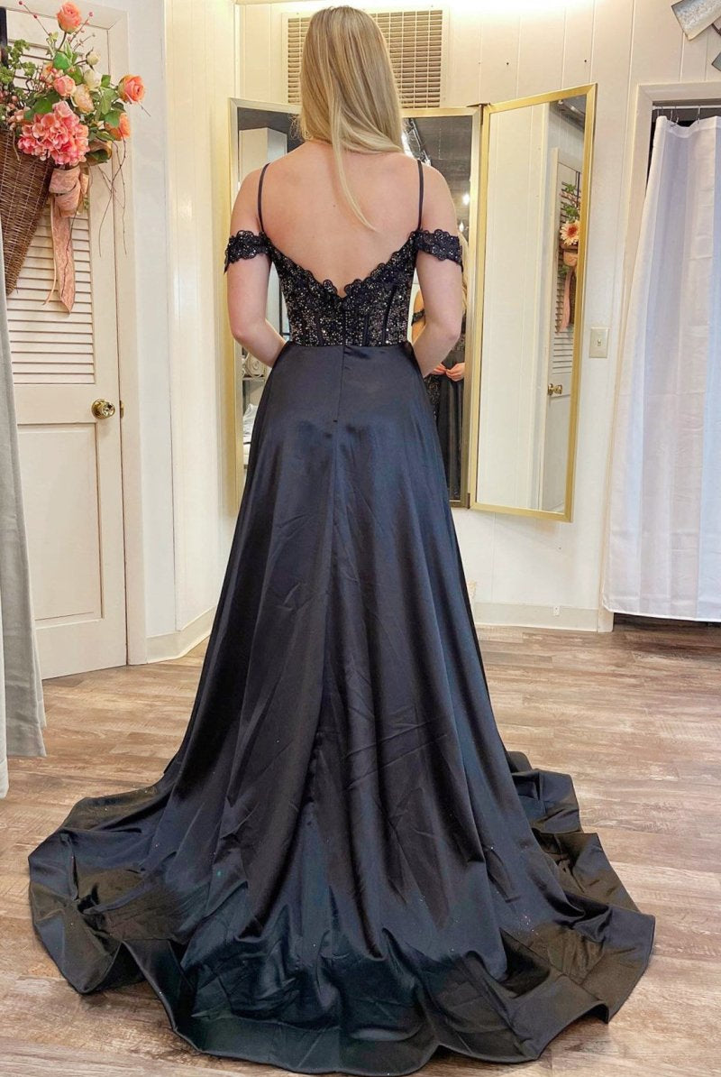 Cold - Shoulder Beaded A - Line Formal Dress with Slit - KissProm