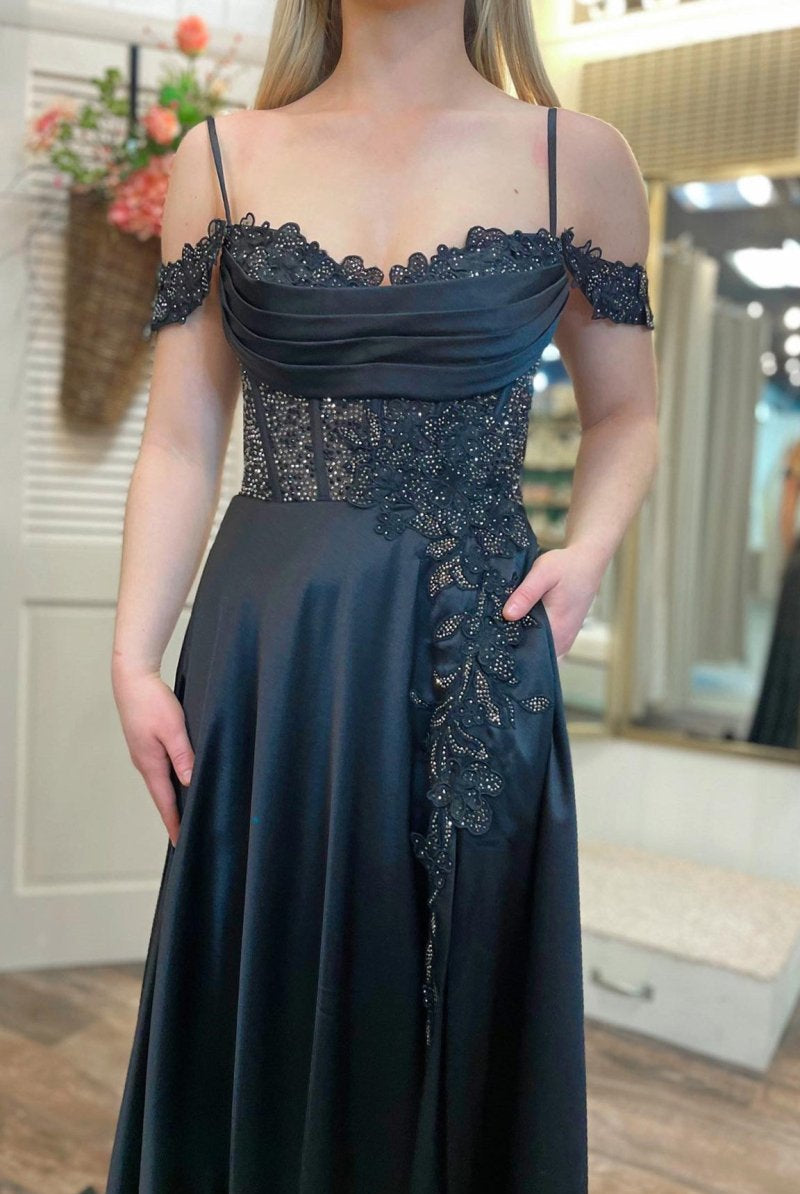 Cold - Shoulder Beaded A - Line Formal Dress with Slit - KissProm