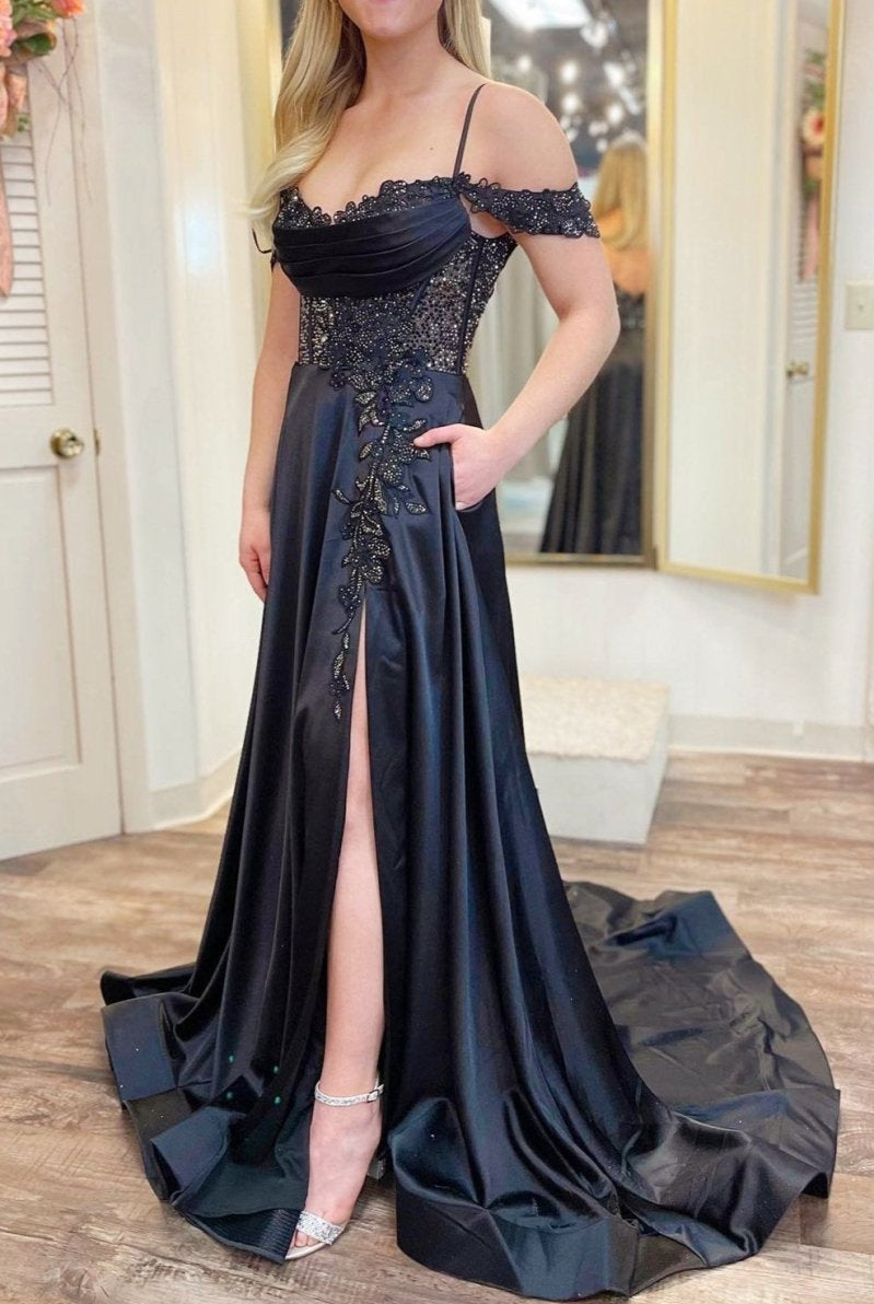 Cold - Shoulder Beaded A - Line Formal Dress with Slit - KissProm