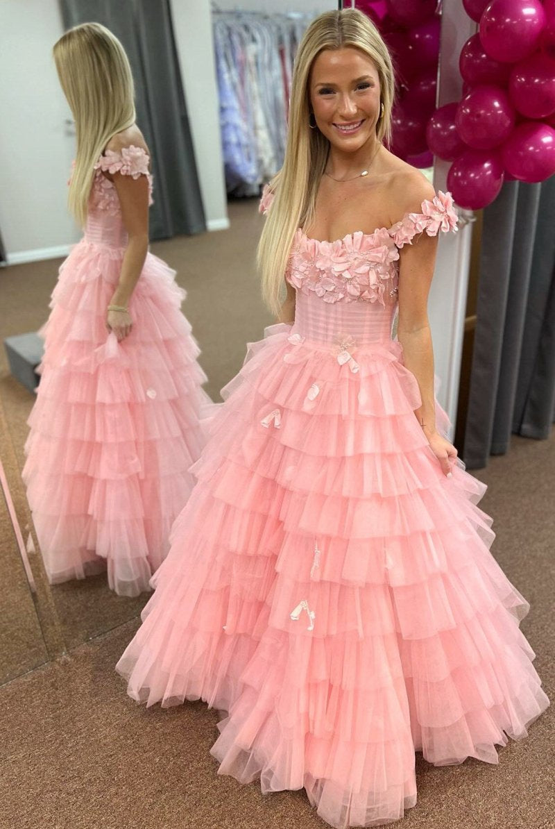 3D Floral Lace Off - the - Shoulder Ruffle Tiered Prom Gown - KissProm