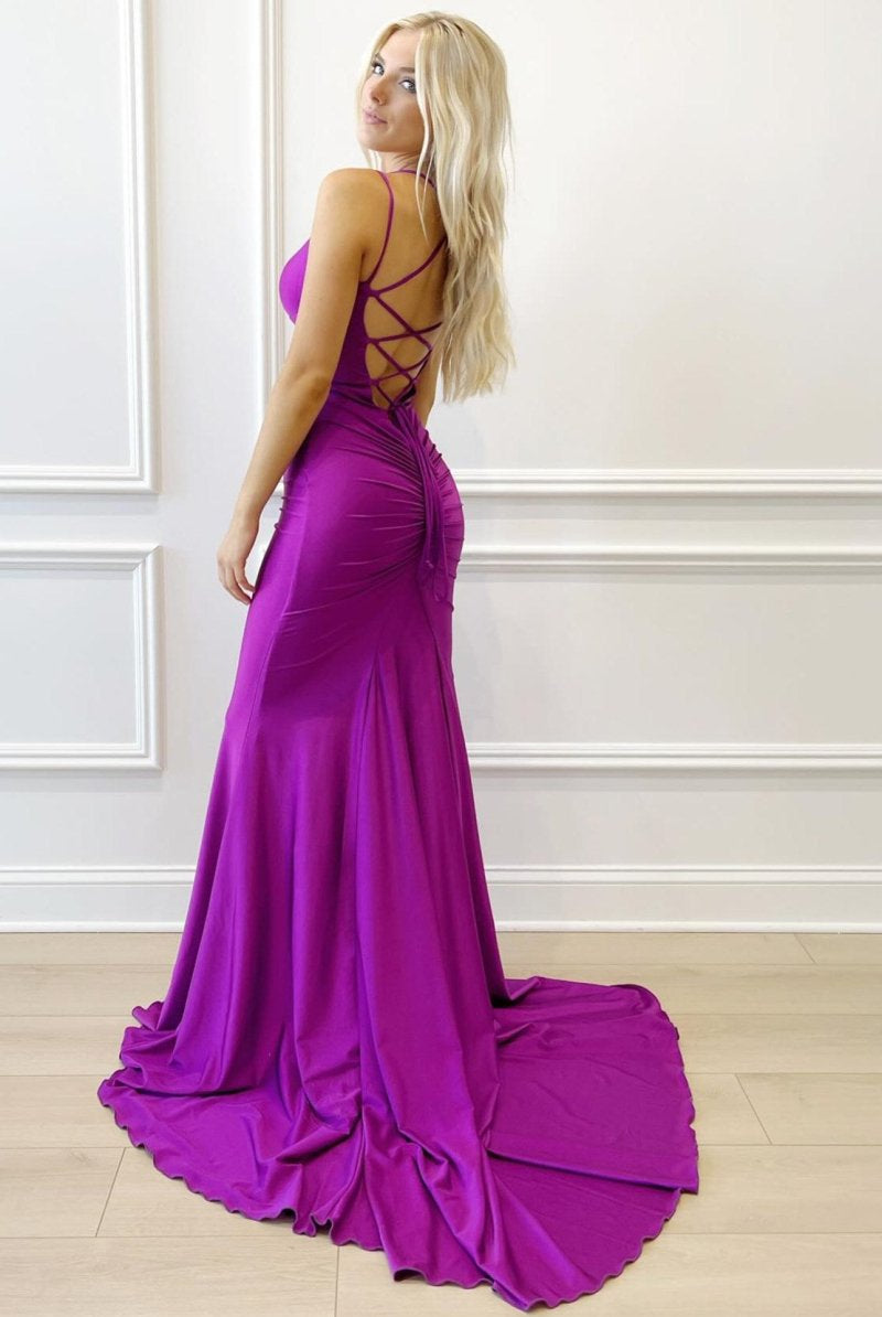 Purple V-Neck Lace-Up Mermaid Long Formal Dress