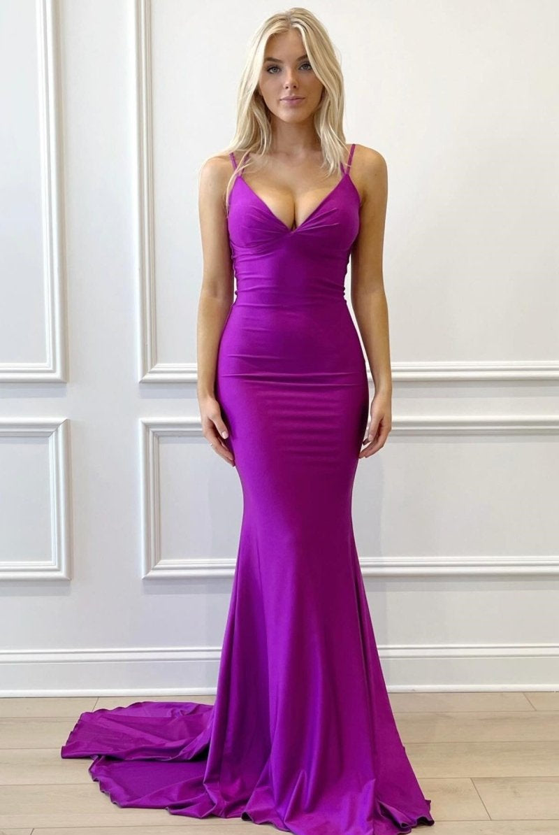 Purple V-Neck Lace-Up Mermaid Long Formal Dress