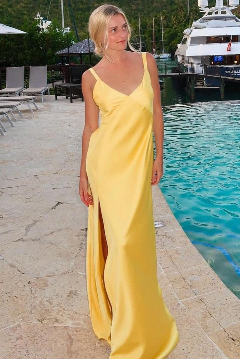 Sheath V - Neck Tie - Back Maxi Dress with Slit in Yellow - KissProm