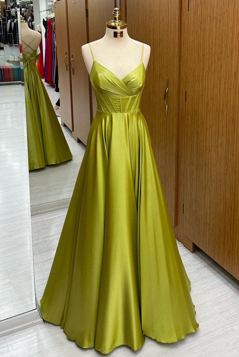 Olive Green Corset Lace - Up A - Line Long Formal Dress - KissProm