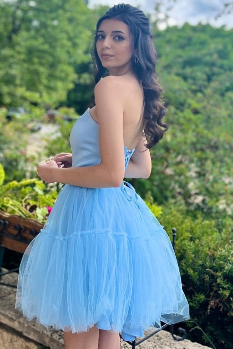 Vandalia | Sky Blue Strapless Lace - Up A - Line Homecoming Dress - KissProm