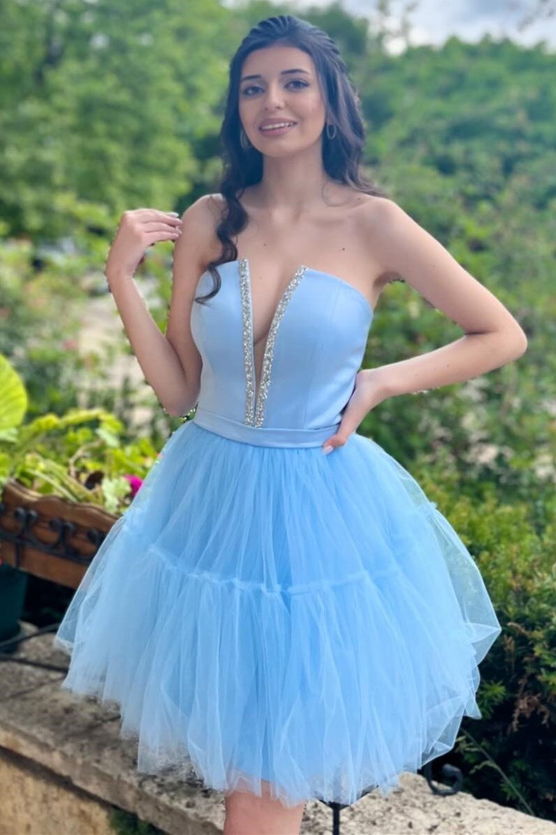 Vandalia | Sky Blue Strapless Lace - Up A - Line Homecoming Dress - KissProm