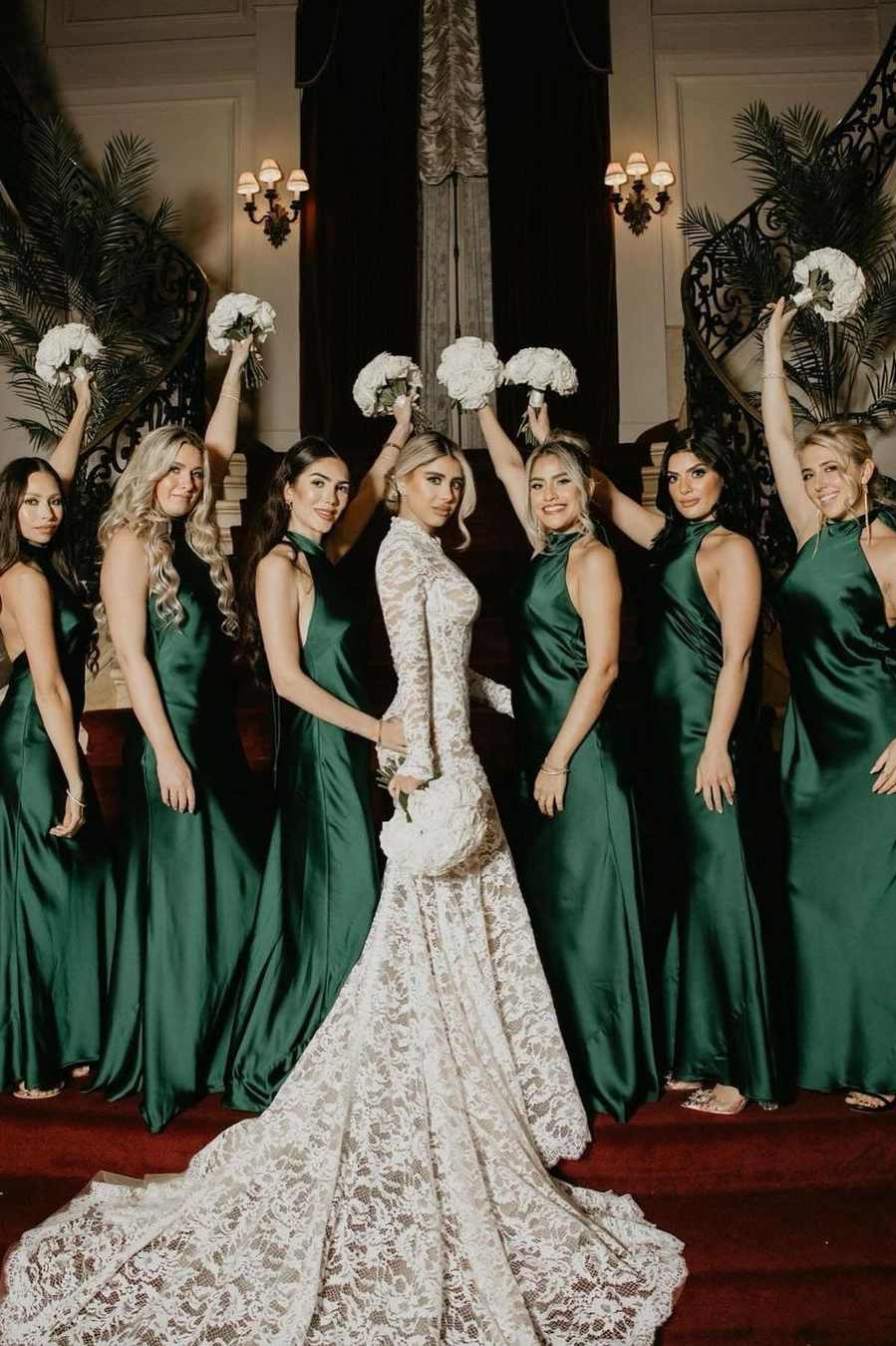 Halter Satin Pleated Mermaid Sleeveless Long Bridesmaid Dress - KissProm