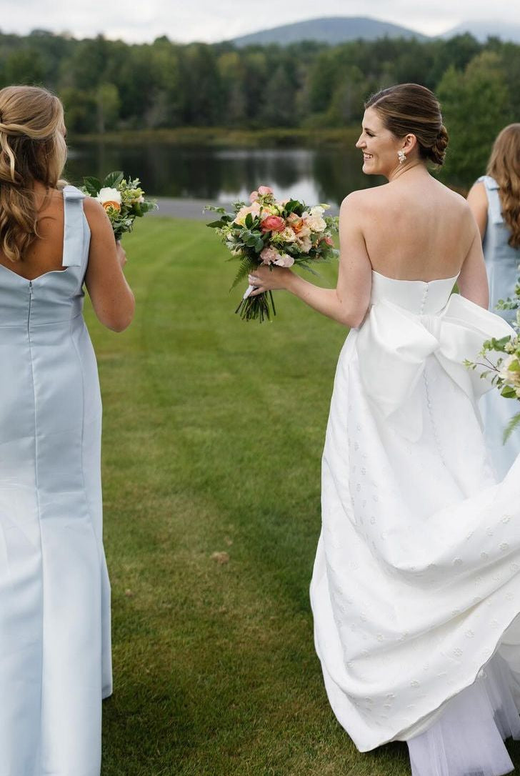 Mermaid Straps Bows Pleats Satin Sleeveless Long Bridesmaid Dress with Slit