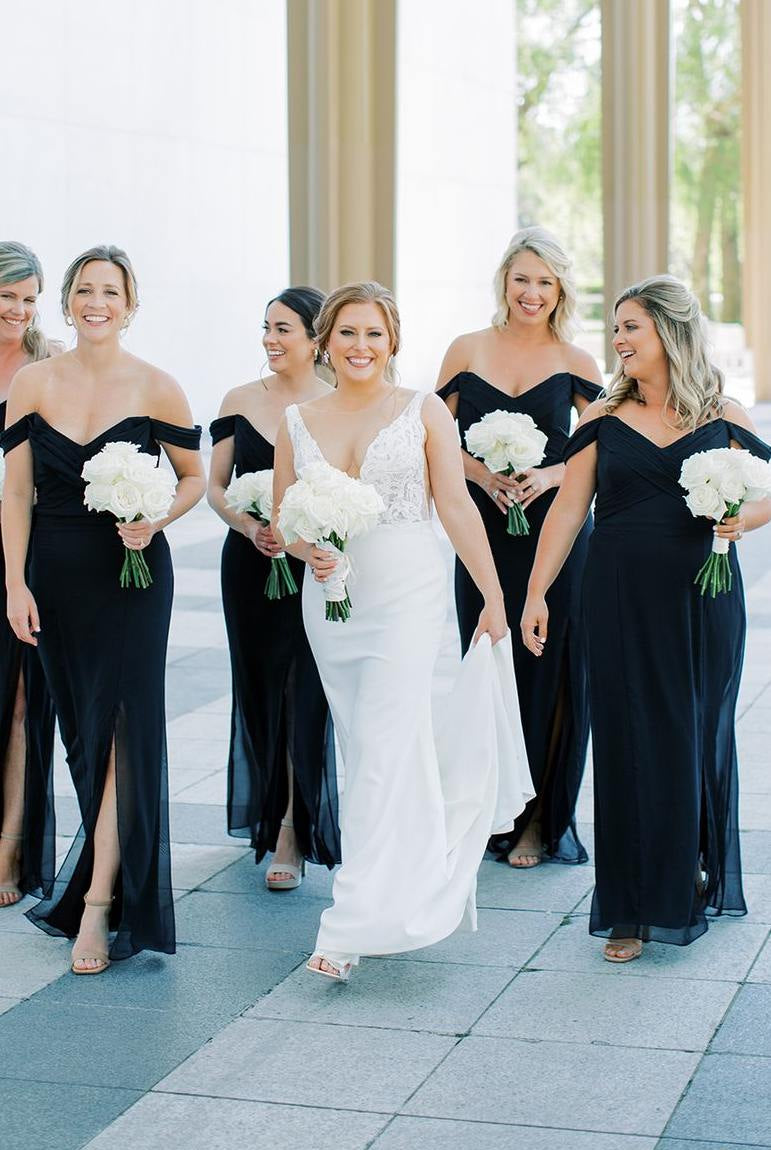 Black Mermaid Off - Shoulder Side Slit V - Neck Chiffon Long Bridesmaid Dress - KissProm