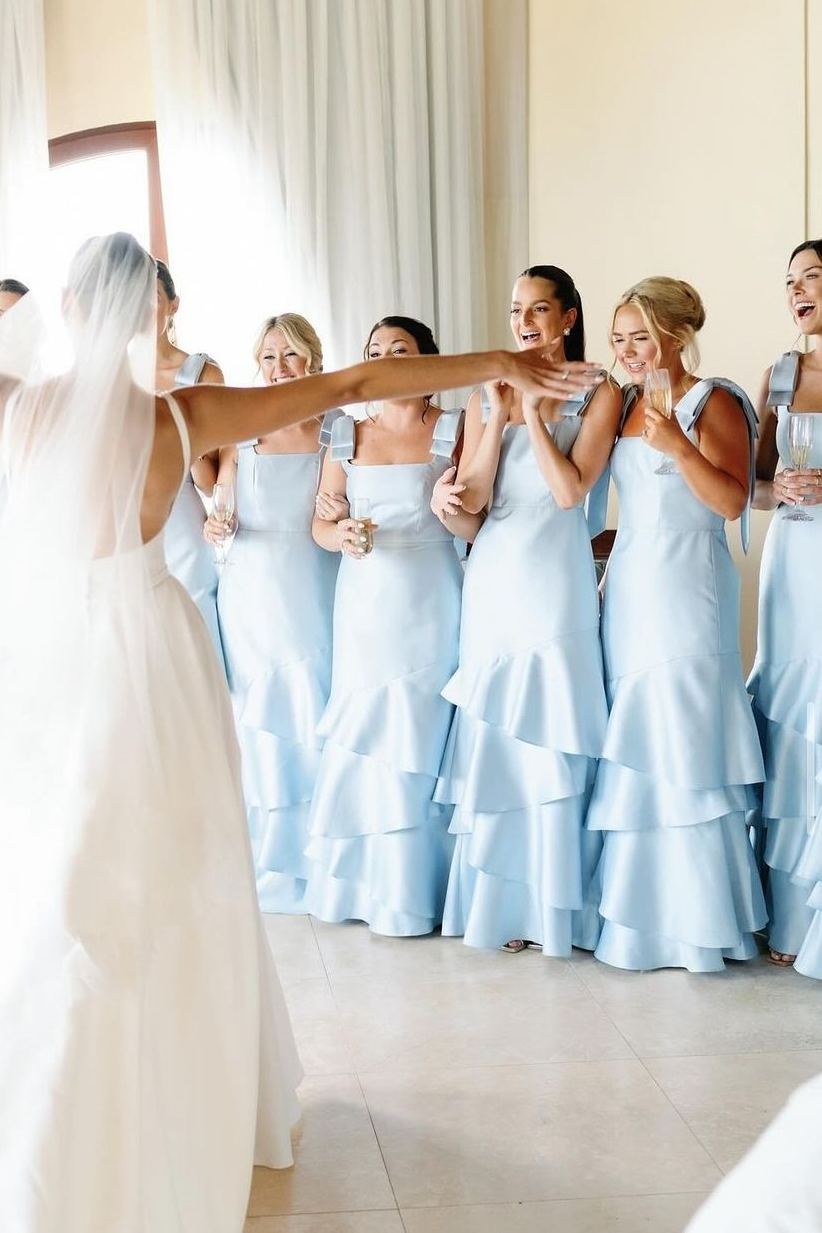 KissProm Light Blue Straps with Bows Mermaid Satin Tiered Long Bridesmaid Dress, Sky Blue / 18