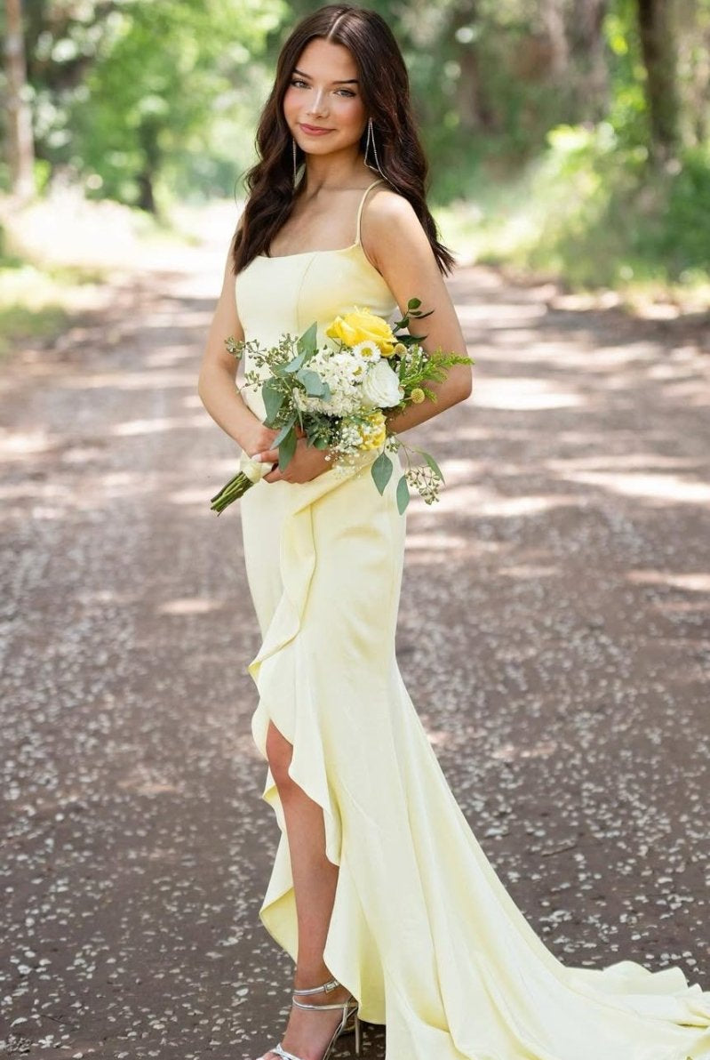 Sophianne | Yellow Spaghetti Straps Mermaid Satin Formal Prom Dress