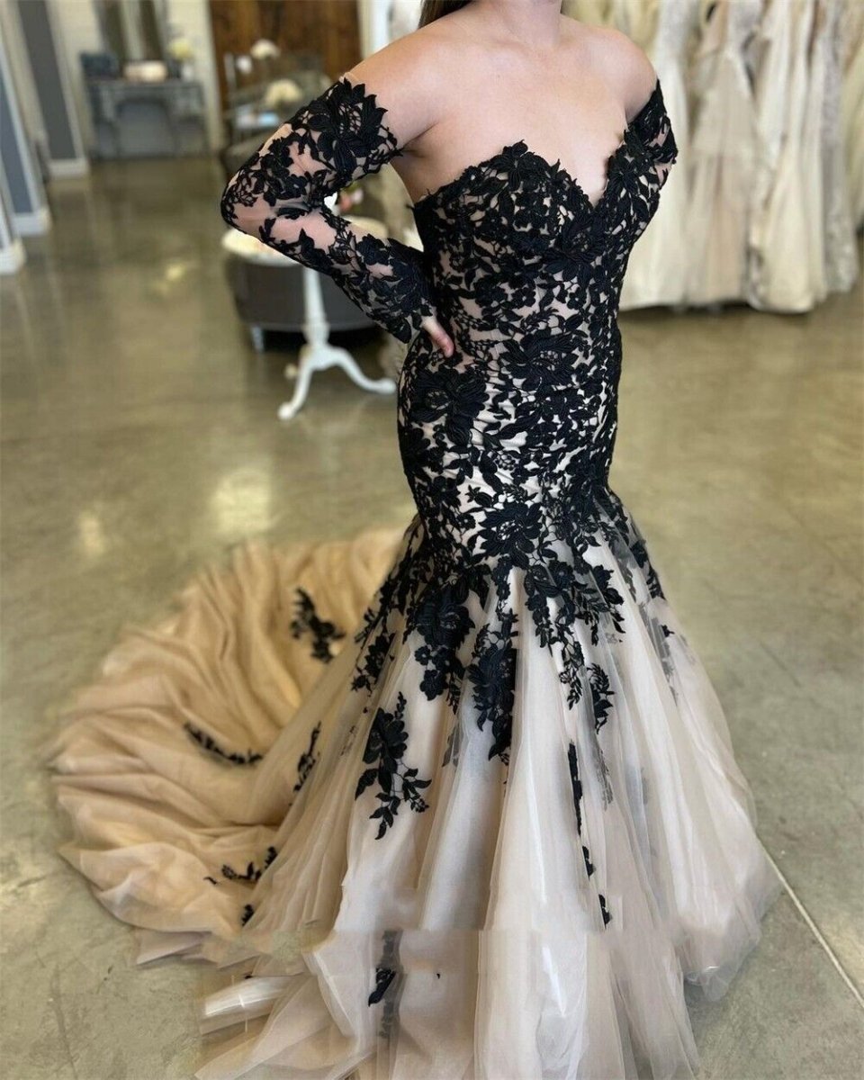 Mermaid Black Champagne Wedding Dresses Lace Strapless Sweep Train Mermaid Black Champagne Wedding Dresses Lace Strapless Sweep Train