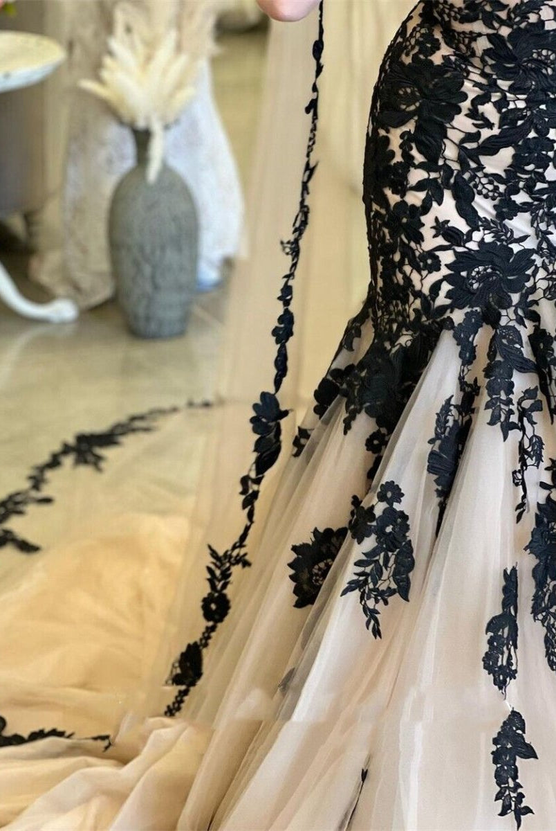 Mermaid Black Champagne Wedding Dresses Lace Strapless Sweep Train