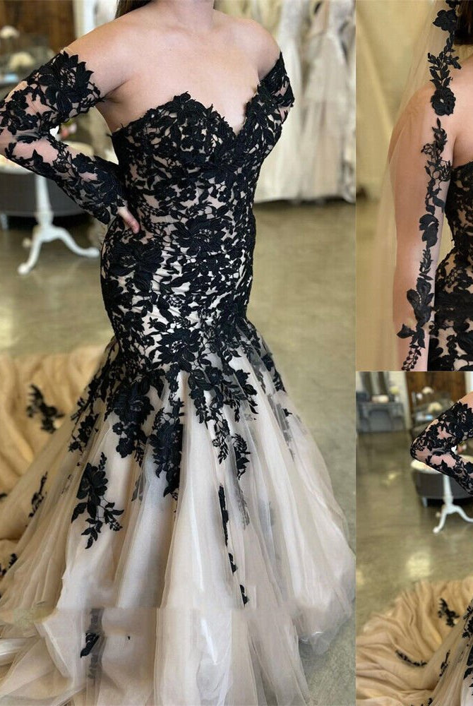 Mermaid Black Champagne Wedding Dresses Lace Strapless Sweep Train
