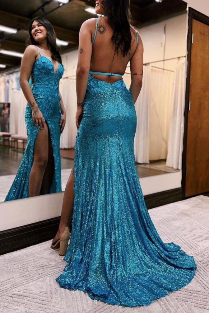Miracle |Mermaid V Neck Sequins Prom Dress with Slit