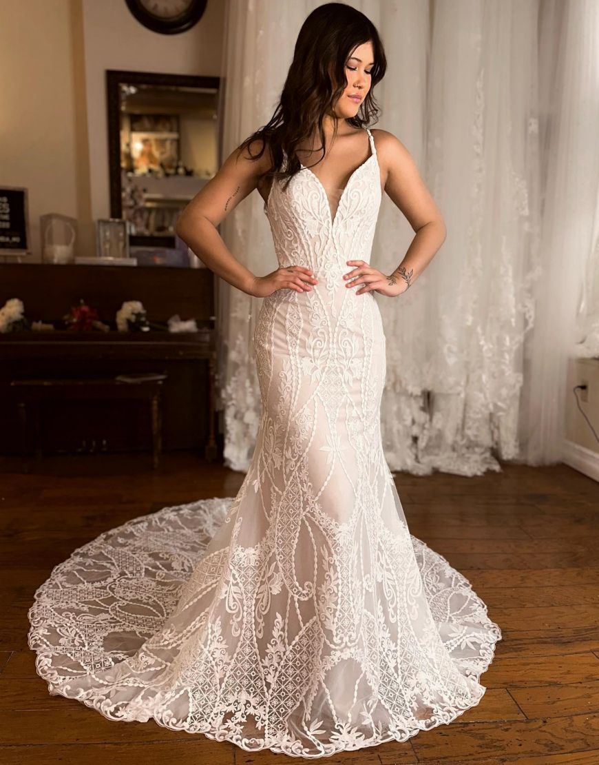 Paulina | Mermaid V-Neck Spaghetti Straps Sweep Train Lace Wedding Dre ...