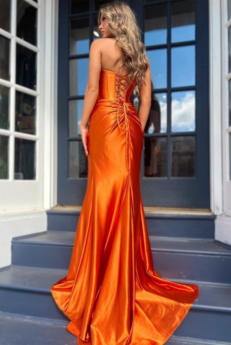 Nadia |Mermaid Strapless Satin Long Prom Dress With Slit