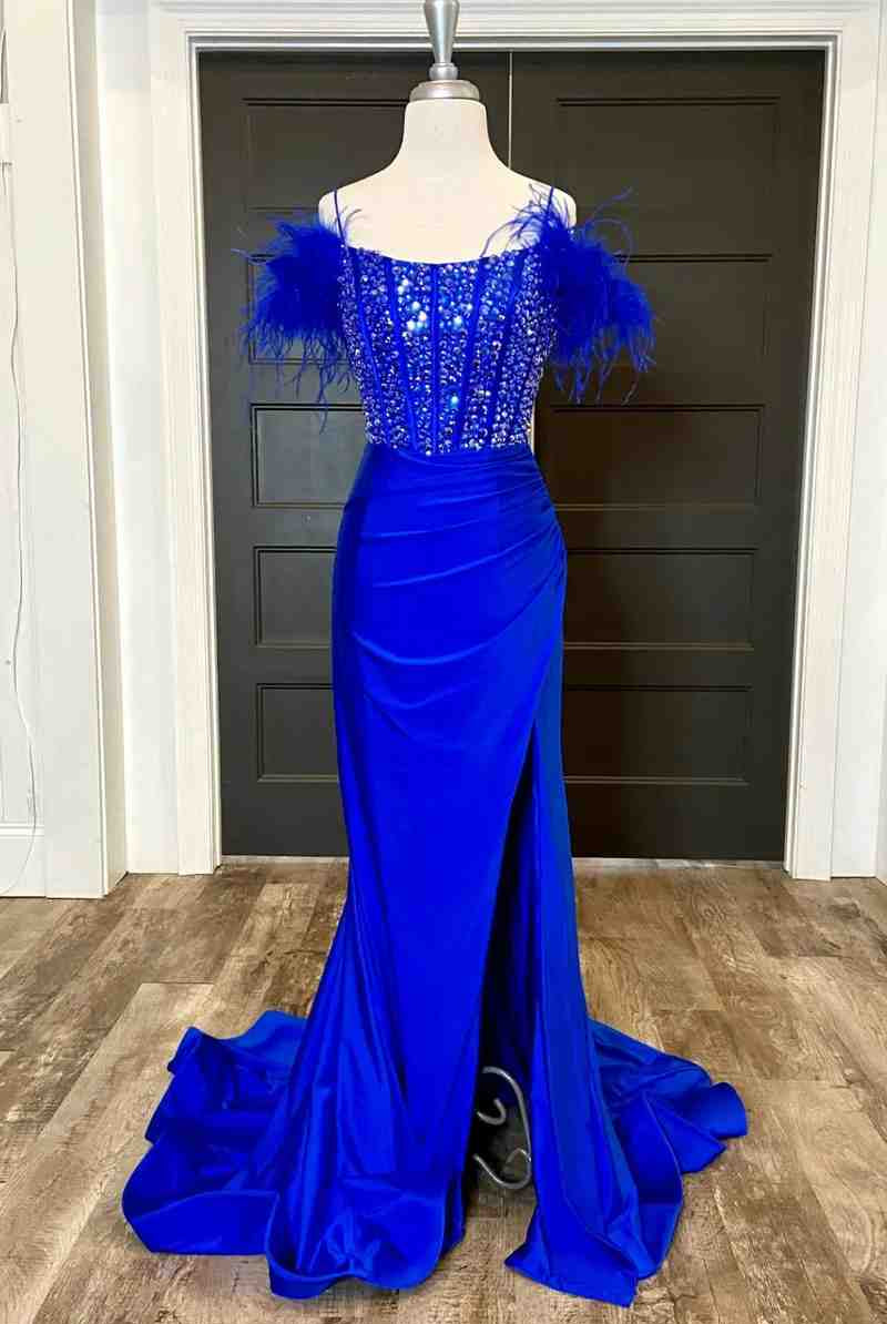 New Mermaid Satin Off The Shoulder Beaded Side Slit Long Prom Dresses With Feather - KissProm