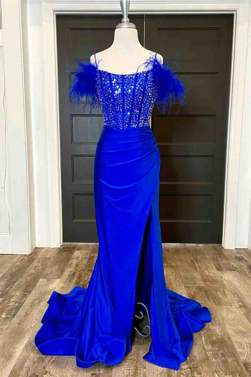 New Mermaid Satin Off The Shoulder Beaded Side Slit Long Prom Dresses With Feather - KissProm