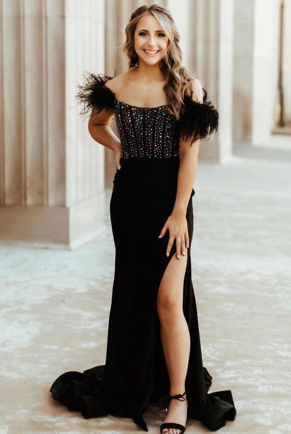 New Mermaid Satin Off The Shoulder Beaded Side Slit Long Prom Dresses With Feather - KissProm
